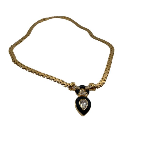 Vintage CORO China Crystal and Black Enamel Gold Tone Pendant Herringbone - Picture 3 of 7